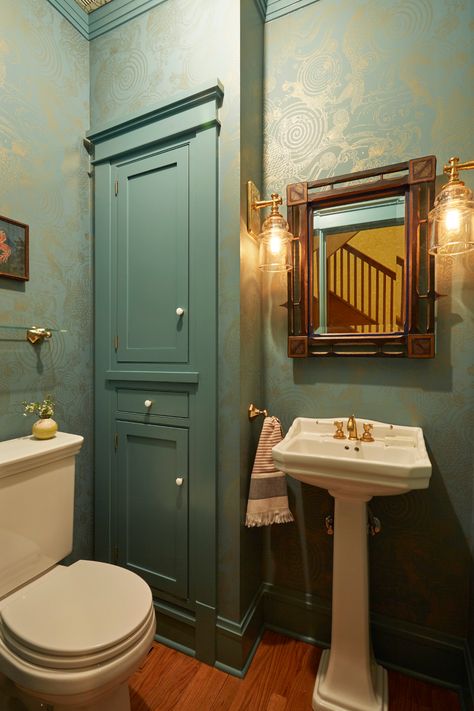 A Historic Victorian Home Renovation Gold and Green Powder Room Design Pantry For Kitchen, Modern Victorian Bathroom, Victorian Home Renovation, Old Victorian Homes, Chicago Interior Design, Teal Sofa, Victorian Style Homes, Hex Tile, Victorian Bathroom