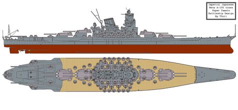 Battleship A-150 the 'Super Yamato' by Tzoli Yamato Class Battleship, Yamato Battleship, Heavy Cruiser, Capital Ship, Imperial Japanese Navy, Space Battleship, Concept Ships, Navy Ships, Aircraft Carrier