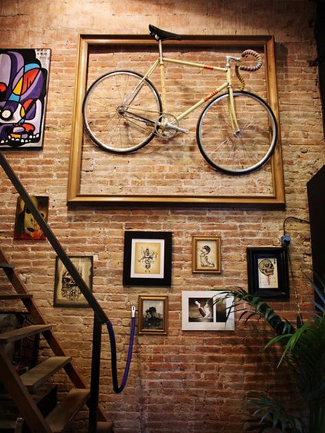 Bicycle art Brick Wall Interior Design, Unusual Wall Art, Brick Interior Wall, Manly Decor, Gallery Ideas, Bicycle Storage, Exposed Brick Walls, Bicycle Art, Interior Wall Design