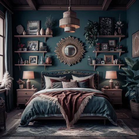 13 Dark Boho Bedroom Ideas That Will Inspire Your Next Redecorating Project 11 Dark Boho Home, Dark Boho Bedroom Ideas, Bedroom White Walls, Boho Home Decor Bedroom, Dark Boho Bedroom, Bold Bohemian, Dark Boho, Boho Bedroom Ideas, Boho Aesthetic