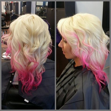 Hot pink hair ombré and highlights on platinum blonde :) Hot Pink And Platinum Hair, Blonde And Hot Pink Hair, Hair Highlights Platinum, Hot Pink Highlights In Blonde Hair, Hot Pink And Blonde Hair, Best Hair Highlights, Kimono Hairstyle, Highlights Platinum, Blonde And Pink