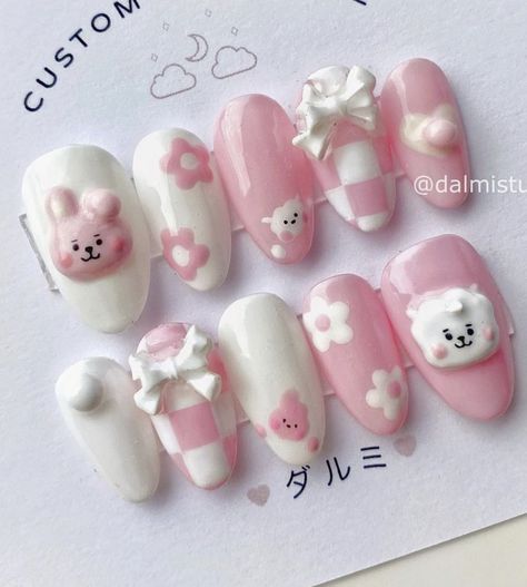 Cardcaptor Sakura Nails, Chimmy Nails, Kawaii Nail Art Korean, Bt21 Nail Art, Bts Nails Designs, Kpop Nails Inspired, Cute Korean Nail Art, Bt21 Nails, Bts Nails Ideas