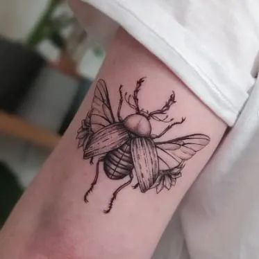 Flying Beetle Tattoo, Knee Beetle Tattoo, Beetle Elbow Tattoo, Wicca Sayings, Beetle Hand Tattoo, Scarab Beetle Tattoo Design, Beetle Knee Tattoo, Dung Beetle Tattoo, Egyptian Beetle Tattoo