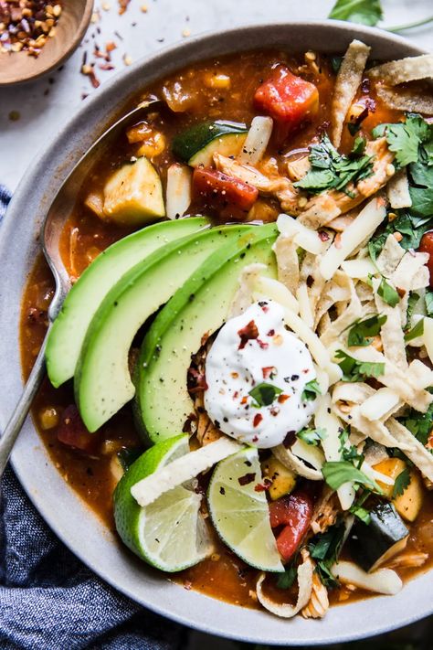 Authentic Tortilla Soup Recipe, Freezable Breakfast Burritos, Freezable Breakfast, Vegetarian Tortilla Soup, Souper Bowl, Chicken Tortilla Soup Easy, Mexican Soup Chicken, Cooking Whole Chicken, How To Make Tortillas