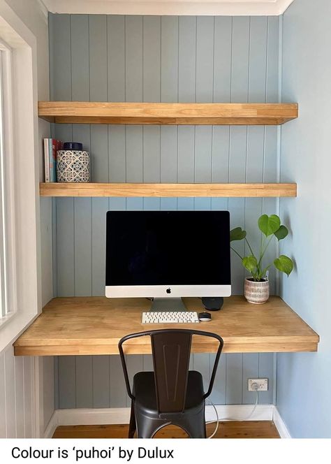 Desk In An Alcove, Bedroom Office Shelves, Cupboard Study Nook, Cupboard Desk Study Nook, Built In Desk Top Ideas, Box Room Ideas Offices, Desk In Nook Ideas, Alcove Office Ideas Desks, Desk In Alcove Spaces