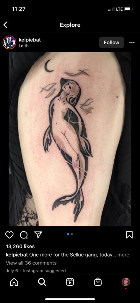 Celtic Mermaid Tattoo, Shapeshifter Tattoo, Song Of The Sea Tattoo, Kelpie Tattoo, Selkie Tattoo, Fertility Tattoo, Possum Tattoo, Tattoos That Mean Something, Scottish Tattoo