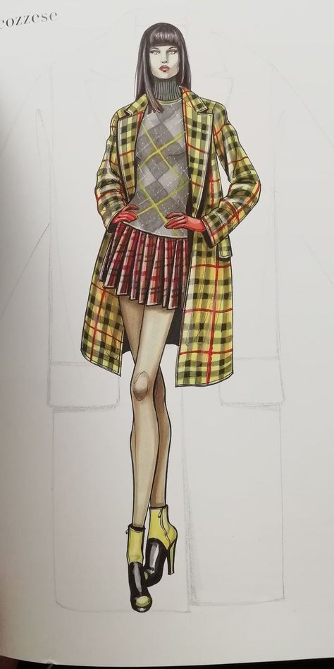 Checkered Clothes, Fashion Croquis, Fashion Major, Fashion Sketching, Tartan Fashion, Fashion Figure Drawing, Dress Illustration, Dress Design Drawing, Fashion Illustration Sketches Dresses