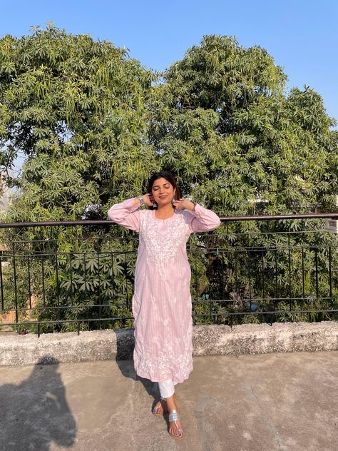 Buy this stunning Pink Chikankari kurti now! Pink Chikankari Suit, Festive Pink Chikankari Traditional Wear, Pink Chikankari Embroidery Traditional Kurta, Pink Chikankari Embroidered Kurta For Summer, Chikankari Kurti, Pink Chikankari Kurti, Kurta Skirt, Chikankari Suits, Light Peach