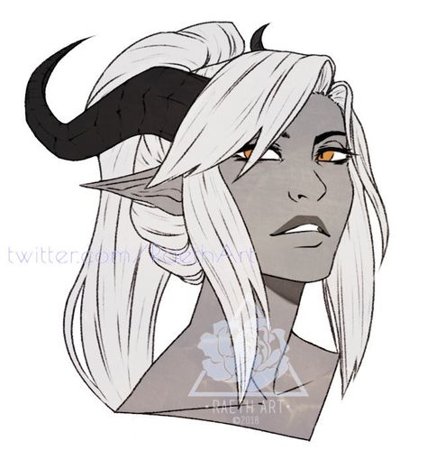 Tiefling Horns Reference, Black And White Tiefling, Tiefling Hair, Character Design Horns, Gray Skin Character, Tiefling White Hair, Characters With Horns, Gray Tiefling, White Tiefling Female