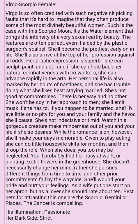 Taken from "The Book of Lovers" By Carolyn Reynolds {Virgo sun • Scorpio moon} Sun Scorpio, Virgo Sun, Virgo And Scorpio, Scorpio Moon, Scorpio Woman, Water Element, Happy We, Good Wife, Bring It On