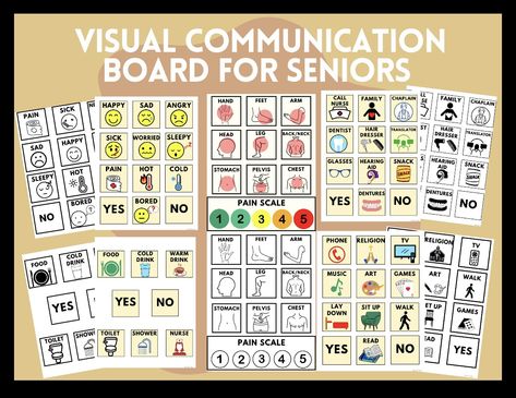 collection of visual communication cards designed for seniors with aphasia (inability to verbally communicate). These provide the non-verbal individual with the ability to communicate needs/wants/feelings. These cards use large pictures and fonts for easy to see prompts in your choice of color or black and white. Language Flashcards, Communication Pictures, Communication Cards, Phonological Processes, Verbal Communication, Occupational Therapy Assistant, Pain Scale, Hand Signs, Communication Board