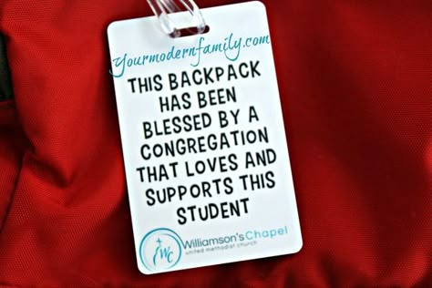 I like the nametag with the church's information. These would be great to hand out at the Blessing of the Backpacks. Blessing Of The Backpack Tags, Backpack Blessing Tags Printable, Blessing Of The Backpacks Ideas, Back To School Church Ideas, Church Back To School Bash, Back To School Bash Ideas For Church, Backpack Blessing Tags, Back To School Prayer, Outreach Ideas