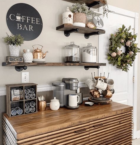 Home Coffee Bar Ideas, Simple Bookcase, Diy Coffee Station, Coffee Station Kitchen, Coffee Bar Station, Coffee Bar Ideas, Coffee Stations, Farmhouse Coffee Bar, Diy Coffee Bar