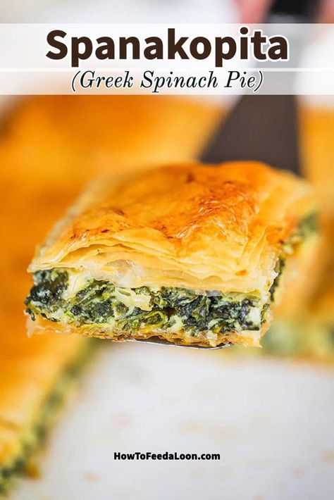 Spanakopita (Greek Spinach Pie) is a stunning vegetarian dish that consists of layers of buttery flakey phyllo dough encasing a savory spinach and cheese filling. Get the complete recipe with an ALL-NEW VIDEO on the blog! Spinach Feta Pie, Feta Pie, Fun Appetizers, Spanakopita Recipe, Mom Meals, Phyllo Dough Recipes, Greek Spinach, Meat Entrees, Greek Spinach Pie