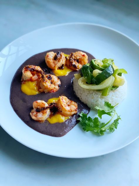 Seared Shrimp with Salsa Macha, Black Bean Puree, Mango, & Sautéed Peppers Black Bean Puree Mexican, Black Bean Puree, Sauteed Shrimp With Mango Salsa, Sautéed Shrimp With Mango Salsa, Blackened Shrimp Tacos With Mango Salsa, Swordfish With Mango Salsa, Sautéed Peppers, Seasoned Black Beans, Bean Puree