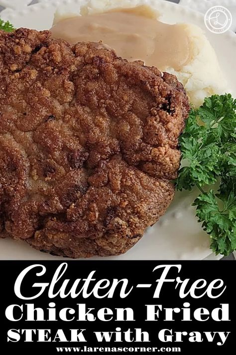 A picture of Chicken Fried Steak on Mashed Potatoes and gravy. Gluten Free Cubed Steak Recipes, Gluten Free Cube Steak Recipes, Gluten Free Country Fried Steak, Gluten Free Chicken Fried Steak, Steak Bits, Apple Turkey Recipes, Chicken Fried Steak Recipe, Round Steak Recipes, Cube Steak Recipes