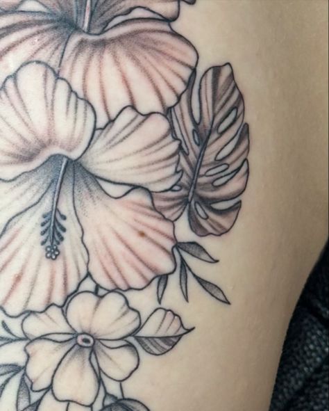 Super pretty thigh piece we did in two session, linework and very bottom shading are healed, everything else is fresh. Also a closeup of how pretty the lines healed. #floraltattoo #monstera #hybiscus #floral #islandflowers Shading Tattoo, Soft Shading, Thigh Piece, Shades, Tattoos, Floral