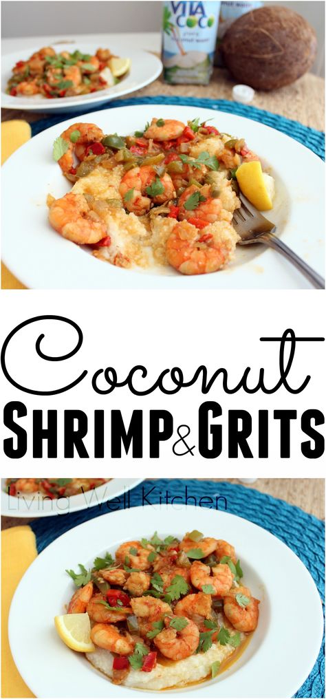 Coconut Shrimp and Grits from @memeinge are made with coconut water to give a tropical spin on this Southern favorite in the best possible way. Gluten free and can be dairy free (sponsored) Shrimp Grits, Shrimp And Grits, Shrimp N Grits, Starters Recipes, Cereal Recipes, Coconut Shrimp, Grits, Healthy Nutrition, Coconut Water