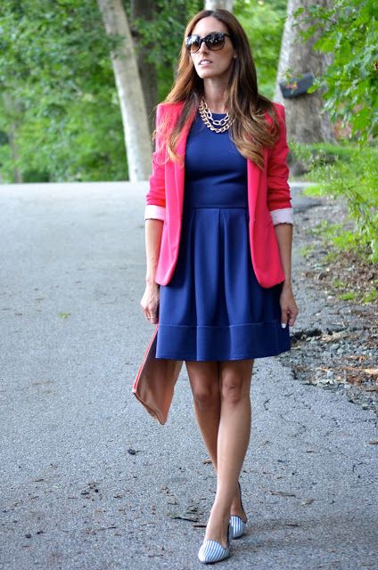 Pink Blazer & Blue dress. Blue Dress Pink Blazer, Dress Outfit For Work, School Outfits For Fall, Teacher Outfits Dresses, Blue Dress Outfit, Attorney Fashion, Teaching Clothes, Hot Pink Blazer, 50 Dress