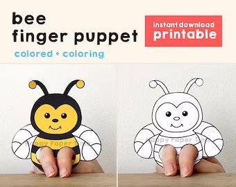 Hours of crafty fun for your kids to enjoy by HappyPaperTime Finger Puppets Printable, Finger Puppet Template, Bee Puppet, Kids Party Props, Puppet Template, Bee Template, Coloring Paper, Animal Party Favors, Bee Printables