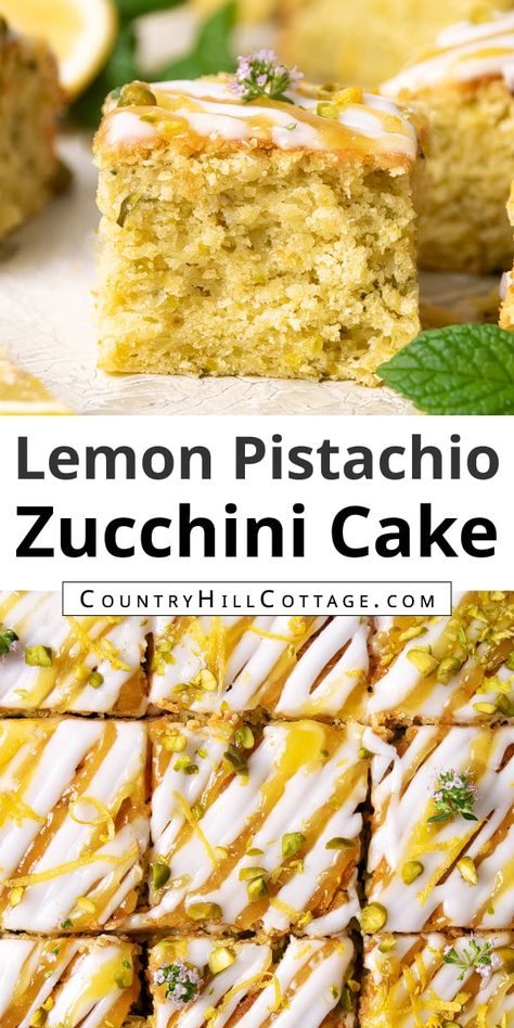 This easy lemon zucchini cake is a moist, tender treat, drizzled with sweet lemon glaze and tangy lemon curd for an extra citrus boost. It’s the perfect mouth-puckering summer dessert when zucchinis are in abundance. The cake is made with pistachios and yogurt, and you can easily customize the recipe and prepare it with buttermilk, cream cheese frosting and blueberries. It’s the perfect simple summer treat to bake for the lemon lovers in your life! | CountryHillCottage.com Lemon Zucchini Cake, Zucchini Cakes Recipe, Lemon Zucchini, Full Fat Yogurt, Lemon Cake Recipe, Zucchini Cake, Lemon Glaze, Sweet Lemon, Simple Summer