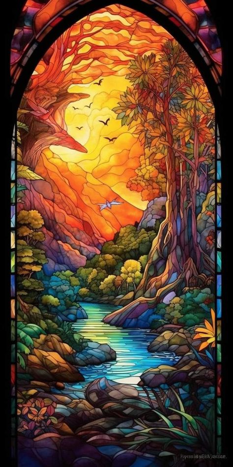 Landscape Stained Glass Window, Epoxy Stained Glass Window, Stained Glass Wallpaper Iphone, Stained Glass Painting Canvas, Miniature Mansion, Stained Glass Wallpaper, Stained Glass Illustration, Arts And Crafts Tiles, Stain Glass Window Art