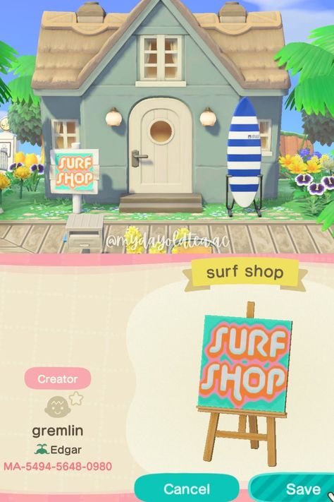 Surf Shop Codes Acnh, Surf Shop Acnh Code, Animal Crossing Surf Shop Ideas, Acnh Surf Shop Design Code, Acnh Tropical Island Design Codes, Surf Shop Animal Crossing, Animal Crossing Design Codes Tropical, Beach Theme Animal Crossing, Preppy Animal Crossing Island