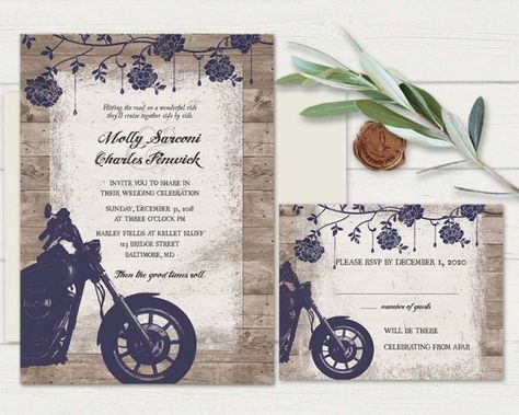 Biker Bride, Motorcycle Wedding Invitations, Biker Wedding Ideas, Harley Wedding, Motorcycle Wedding, Biker Wedding, Moto Vintage, Themed Wedding Invitations, Rsvp Postcard