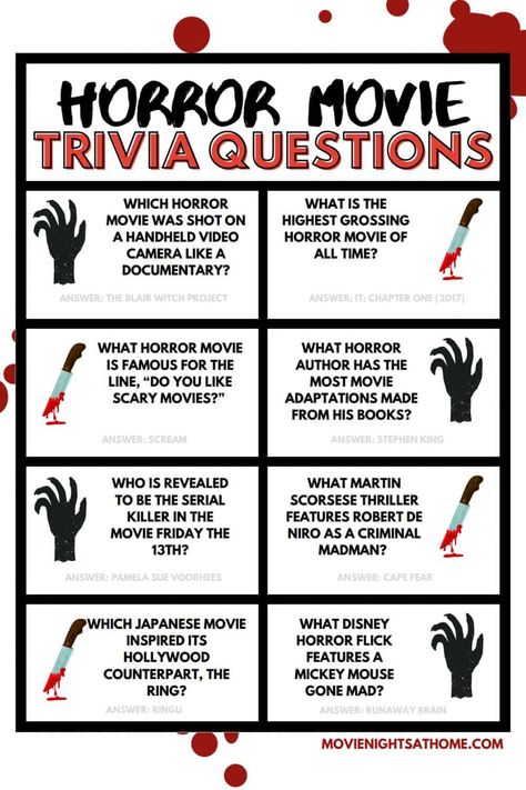 Horror Movie Trivia Questions, Horror Movie Bingo, Scary Movie Trivia, Movie Trivia Questions And Answers, Horror Movie Trivia, Bingo Movie, Holiday Trivia, Movie Trivia Questions, What If Movie