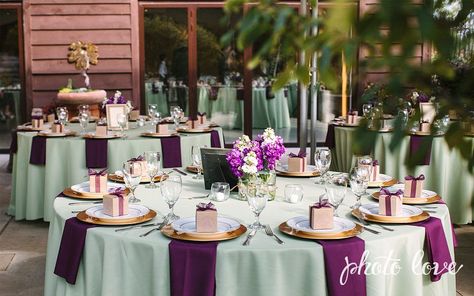 plum coral and sage and wedding theme - Google Search Sage Wedding Table Settings, Plum And Sage Wedding, Lavender Sage Wedding, Sage Wedding Table, Table Set Up Wedding, Purple Wedding Tables, Sage Wedding Colors, Wedding Table Setup, Best Wedding Colors