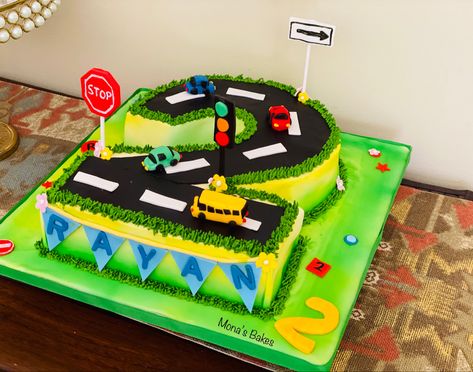 Number 2 cake with edible signs and cars, airbrush tecnic Number 2 Car Cake, Vehicle Cake 2nd Birthday, Cars And Trucks Birthday Cake, Number 2 Cake Boy, Vehicle Cakes For Boys, 2 Cake Number, Number 2 Cake Design, Vehicles Birthday Cake, Transportation Cakes For Boys