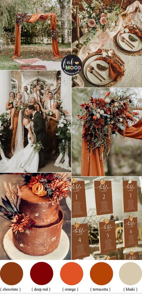 Fall Wedding Colors Cinnamon, Bronze And Terracotta Wedding, Terracotta Themed Wedding, Rust Coloured Wedding, Terracotta Wedding Colors Palette, Terracotta Sage Wedding Palette, Amber And Sage Green Wedding, Terracotta Ivory And Sage Green Wedding, Terracotta Palette Wedding