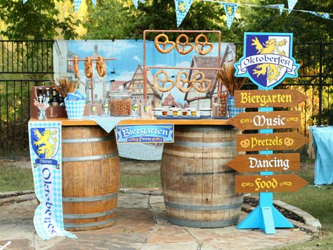 DIY Pretzel Bar Display Octoberfest Party, German Party, Oktoberfest Decorations, Pretzel Bars, Oktoberfest Food, Barrel Decor, Oktoberfest Party, Fall Fest, Plastic Tablecloth