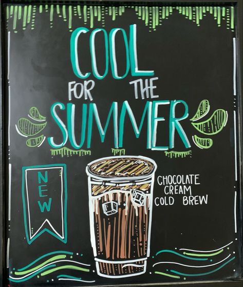 Restaurant Board Design Chalkboard Walls, Sidewalk Sign Ideas Coffee Shop, Summer Sandwich Board Sign, Restaurant Chalkboard Ideas Summer, Summer Coffee Chalkboard Art, Starbucks Summer Chalkboard Art, Starbucks Board Ideas, Coffee Shop Chalkboard Signs, Cafe Chalkboard Art