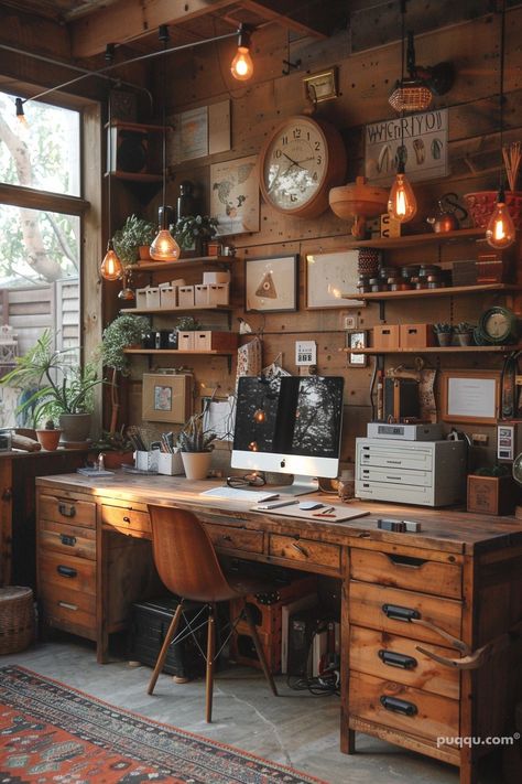 Aesthetic Work Desk Setup Ideas - Puqqu Antique Study Room, Wooden Desk Aesthetic, Vintage Desk Setup, Cottage Bunkie, Desk Vibes, Art Setup, Vintage Study, Pc Inspiration, Writing Studio