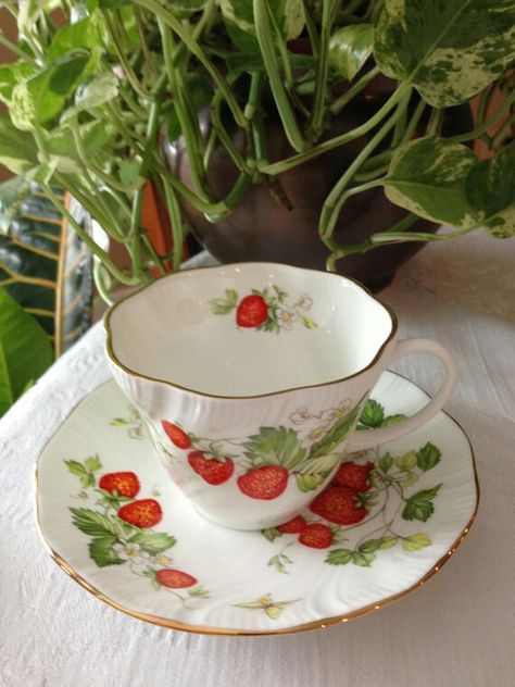 This is a beautiful teacup and saucer set! It was Made in England by the Rosina China Co. Ltd This is the Queen's Virginia Strawberry Pattern. Both the cup and saucer have a scalloped edge, and are trimmed in gold. The strawberries are a vivid shade of red, and they almost look... Picking Berries, Strawberry Stuff, Strawberry Aesthetic, Strawberry Kitchen, Strawberry Tea, Strawberry Decorations, Strawberry Pattern, China Teacup, Shade Of Red