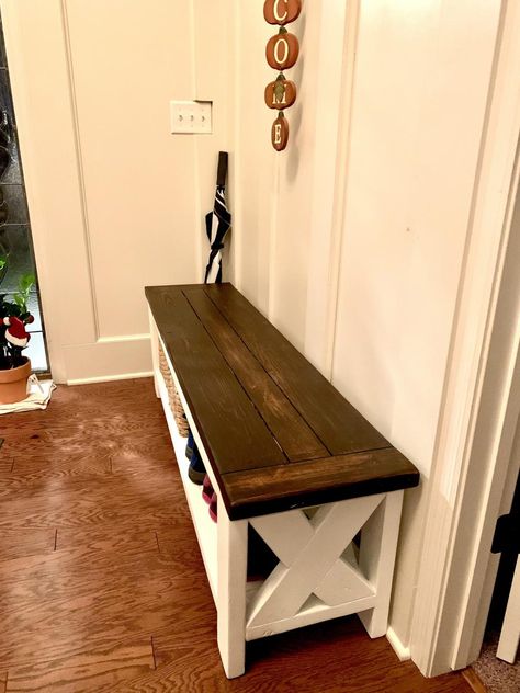 Farmhouse Bench With Storage, Country Shoe Bench, Entry Door Bench, Farmhouse Shoe Bench, Diy Bench Indoor Entryway, Entry Way Bench Diy Plans, Wooden Entry Bench, Diy Bench With Shelf, Diy Entryway Bench With Shoe Storage