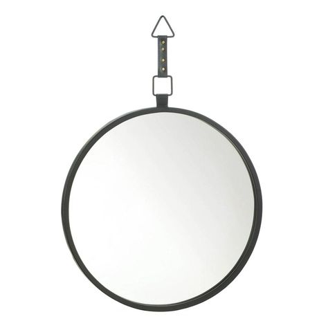 Zingz & Thingz Round Mirror with Leather Strap 19.75x28.25x1.25" Mirror With Leather Strap, Reflective Wall, Mirrors With Leather Straps, Black Round Mirror, Black Wall Mirror, Iron Hardware, Candle Chandelier, Beautiful Mirrors, Round Wall Mirror