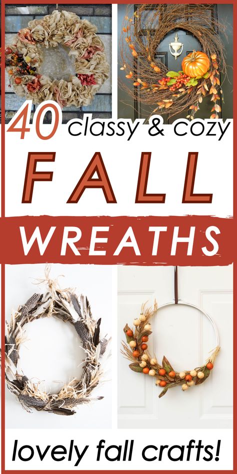 Wreaths are not cheap, so wreath crafts are perfect for fall! Here are 40 easy fall wreaths for the front door! You'll see fall decor for your front door in traditional farmhouse styles as well as modern, rustic, and boho!  I know you'll find one (or more) of these autumn wreaths you'll love! Fall Decor DIY Crafts | Fall Decorations for Front Door Diy Autumn Wreath For Front Door, Farmhouse Fall Wreath Diy, How To Make Fall Wreaths, Boho Fall Wreath Diy, Homemade Fall Wreaths, Diy Fall Door Decor, Cute Fall Decor Diy, Simple Fall Wreaths For Front Door, Autumn Wreaths For Front Door Diy