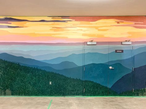 ymca camp Watia mural Concrete Wall Mural Outside, Landscape Mural Painting, Meaningful Murals, Camping Mural, Lounge Mural, Lake Mural, Nature Murals, Lincoln Nh, Mural Landscape