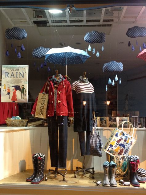 Umbrella Centerpiece, King Island, Spring Displays, Spring Window Display, Shop Entrance, Interior Clothing, Window Display Retail, Visual Merchandiser, Boots Store