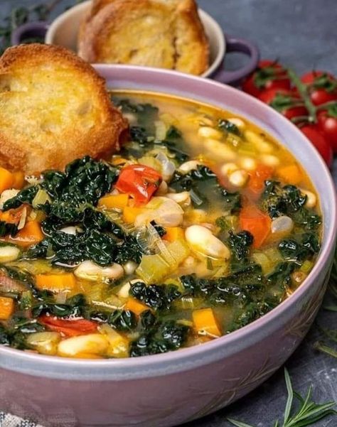 Lidia Bastianich Fan Group🥣🍜❤ | My Hearty Tuscan White Bean Soup is the only soup you need in your life, this Winter | Facebook Lidia Bastianich Recipes Soups, Tuscany Soup, Lidia Bastianich Recipes, Lydia Bastianich, Tuscan White Bean Soup, Tuscan White Bean, Lidia Bastianich, White Bean Soup, White Bean