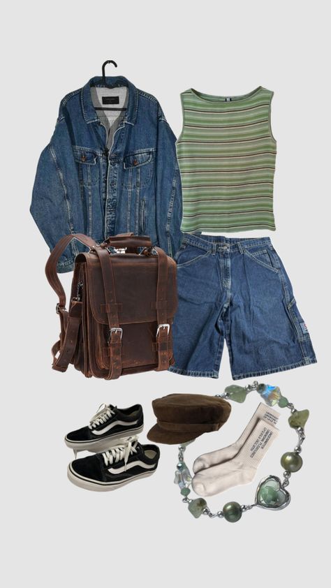 #outfit #jorts #tanktop #bracelet #bakerboyhat #denimjacket #vans 90s Jorts Outfit, Forest Fits, Jorts Mens Outfits, Jorts Outfit Idea, Outfits With Vans, Jorts Outfit, Outfit Generator, Vans Aesthetic, Aesthetic Wardrobe