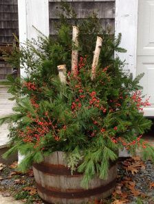 Planters Diy, Christmas Urns, Outdoor Christmas Planters, Holiday Planter, Barrel Decor, Outside Christmas Decorations, Whiskey Barrels, Winter Planter, Christmas Pots