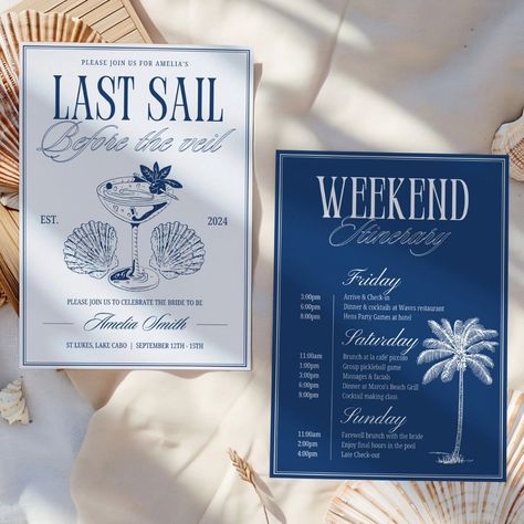 It's her last sail before the veil! 🍸🛳💍 Time to celebrate with this ocean inspired bach social club bachelorette weekend itinerary, for a hens party getaway like no other! This nautical bachelorette party invite set is easy to edit, ready for your sailor themed bachelorette party. Planning a sailing bachelorette party weekend for the beach loving bride to be just got easier! With these stunning bach social club themed bachelorette invitation & bachelorette weekend itinerary editable templa... Bachelorette Cruise Door, Hamptons Bachelorette Party Theme, Last Sail Before The Veil Bachelorette, Sailing Bachelorette Party, Bach Itinerary, Club Invitation, Bachelorette Cocktails, Last Sail Before The Veil, Club Bachelorette