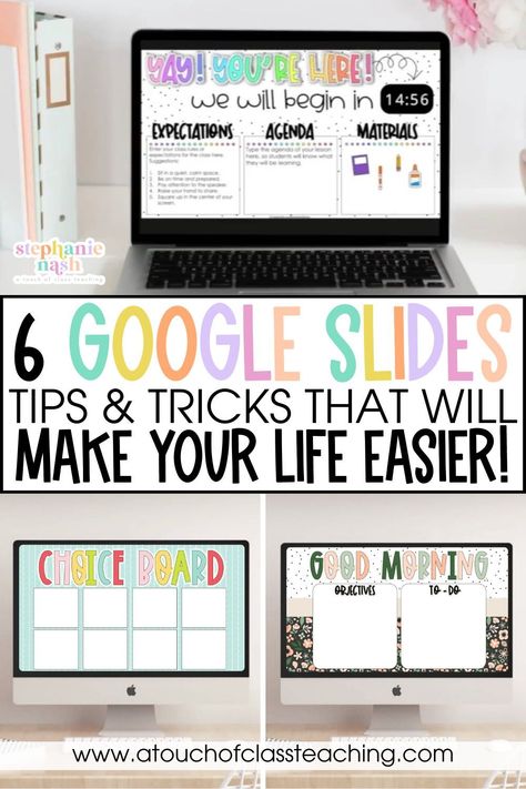 These 6 Google Slides tips and tricks will help make your life in the classroom so much easier, especially if you are struggling with transitions and time management as a teacher. Plus, I share how you can add countdown timers to any PowerPoint slideshow, which is a perfect tool to use during center rotations and transition periods in the classroom! Preschool Google Slides, Daily Google Slides For Classroom, How To Make Cute Google Slides, Interactive Google Slides, Teacher Google Slides Ideas, About Me Google Slides Ideas, Teacher Slides Template, Teacher Slide Template, Google Slides Tips And Tricks