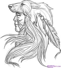 Feather Sketch, Rosen Tattoo Frau, Indian Tattoo Design, Indian Wolf, Indian Drawing, Native American Drawing, Native American Tattoo, American Indian Tattoos, Wolf Colors