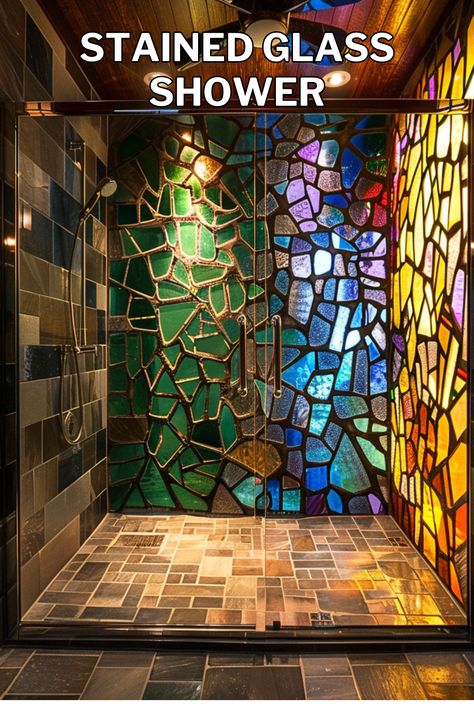 Step into a world of elegance with stained glass showers! ✨ Transform your bathroom into a sanctuary of artistry and beauty. #StainedGlassShowers #BathroomRenovation #HomeInspiration Stained Glass Shower Door, Stained Glass Bathroom, Elevate Bathroom, Glass Showers, Shower Designs, Waterfall Shower, Making Stained Glass, Bath Ideas, Glass Bathroom