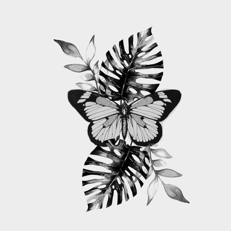 Plants And Butterflies Tattoo, Butterfly And Plant Tattoo, Butterfly Leaves Tattoo, Butterfly Leaf Tattoo, Tropical Butterfly Tattoo, Butterfly Plant Tattoo, Monstera Tattoos Leaves, Tropical Plant Tattoo, Tropical Leaf Tattoo