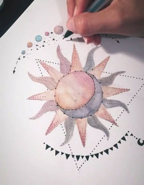 Gorgeous sun and moon hand drawn colour art doodle illustration Moon And Sun Watercolor, Aesthetic Sun Drawing, Sun Moon Stars Art, Sun And Moon Sketch, Sun Moon Painting, Sun And Moon Illustration, Sun And Moon Painting, Sun And Moon Drawing, Sun And Moon Art